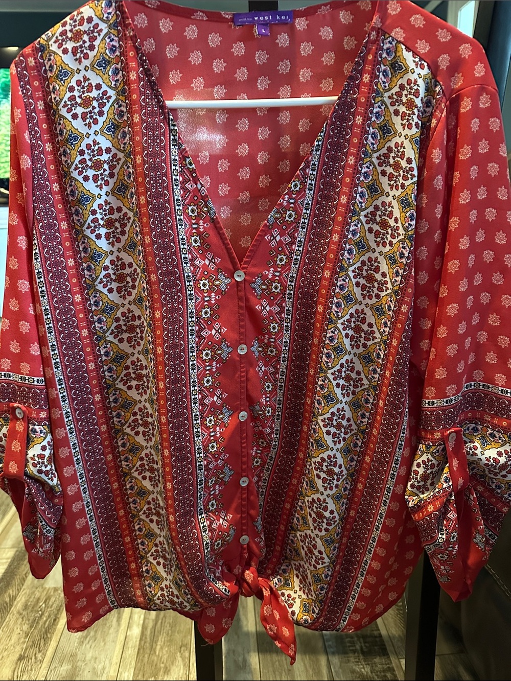 West Kei Red Patterned Tie-Front Boho Blouse
